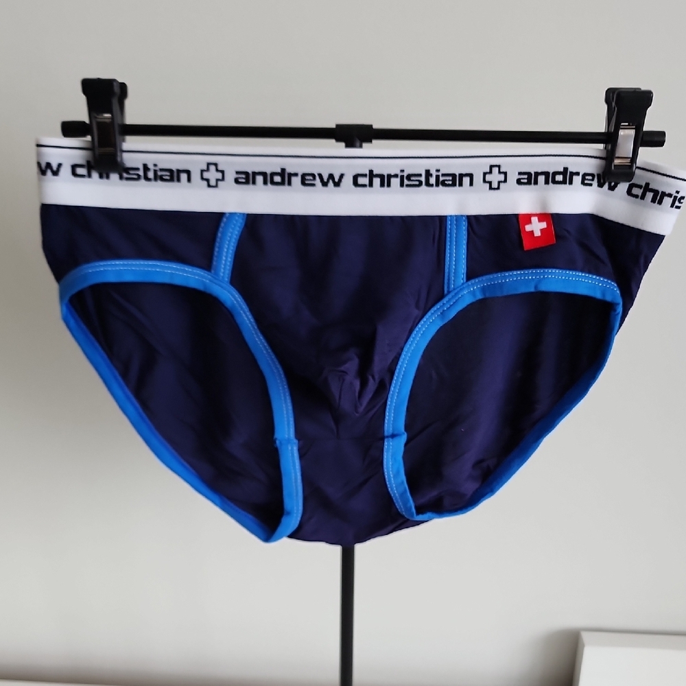 Andrew Christian Men's Dark Blue Briefs with Light Blue Trim